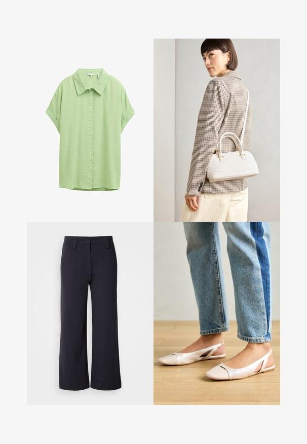 Rövid ujjú, gombos ing világoszöld anyagból. Klasszikus gallérral, laza fazonnal és sima textúrával rendelkezik.; Sötét navy színű, bő szárú nadrág. Lapos elülső rész, övhurkok és oldalsó zsebek jellemzik. Az anyag sima, enyhe rugalmassággal rendelkezik.; Világos rózsaszín slingback laposlábú cipők, hegyes orral, sima bőrhatású anyagból készült. Oldalt kivágott részletek találhatók rajta, valamint lapos sarkú.; Fehér, strukturált kézitáska rövid füllel és vállpánttal, arany színű fém kiegészítőkkel és texturált anyagból, szürke háttér előtt bemutatva.