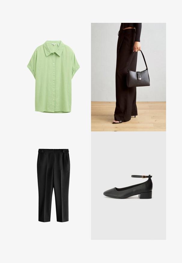 Korte mouwen, knoopsluiting shirt in lichtgroene stof. Heeft een klassieke kraag, een ontspannen pasvorm en een soepele textuur.; Zwarte cropped broeken met een losse pasvorm, elastische tailleband en twee voorkruiken. De stof heeft een gladde textuur met een licht glanzende afwerking.; Zwarte leren pump met een spitse neus en een lage blokhak. Beschikt over een enkelband met een goudkleurige gespsluiting. Gladde textuur.; Zwarte handtas met gestructureerde vorm, gladde textuur en een metalen sluiting. Gecombineerd met brede zwarte broeken en sandalen met open teen op een houten vloer.