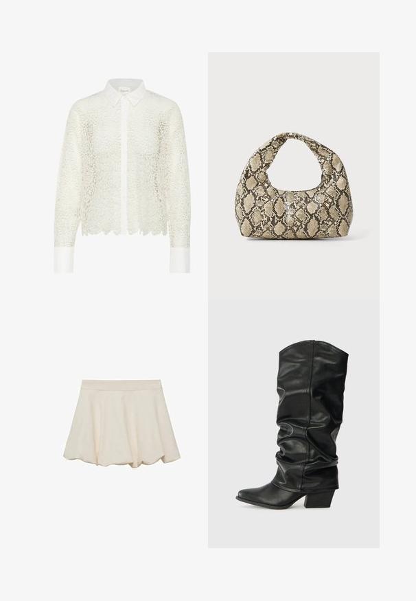 Biela blúzka z kvetinovej čipky s dlhými rukávmi, golierom a zapínaním na gombíky. Má volánový lem a kontrastný biely manžet.; Krémová sukňa s jemnou, hladkou textúrou, rozšíreným strihom a vlnkovaným lemom. Obsahuje široký elastický pás pre pohodlie.; Čierne kožené čižmy po kolená so sklopeným dizajnom, špicatou špičkou a masívnym opätkom, s hladkým povrchom a minimálnym šitím.; Kabelka s hadím vzorom a zakriveným rukoväťou. Vyrobená z textúrovaných béžových a hnedých materiálov, s charakteristickým diamantovým vzorom.