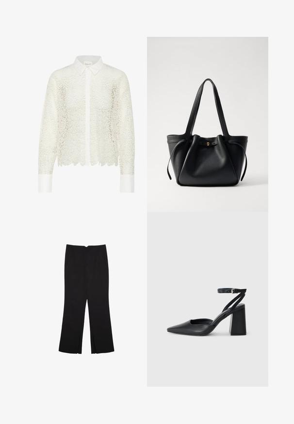 Weißes, florales Spitzenblusenoberteil mit langen Ärmeln, einem kragenförmigen Halsausschnitt und Knopfverschluss. Verfügt über einen gewellten Saum und kontrastierende weiße Bündchen.; Schwarze Hose mit geradem Schnitt, ausgestattet mit Fronttaschen und Seitenschlitzen am Saum. Hergestellt aus weichem, glattem Stoff. Geeignet für verschiedene Anlässe.; Schwarze Leder-Pumps mit spitzer Zehe, einem Knöchelriemen und einem blockigen Absatz. Flache Textur, elegantes Design und minimalistische Ästhetik.; Schwarze Leder-Tote mit zwei langen Tragegriffen, einem gerafften oberen Teil und einem goldenen runden Akzent. Glatte Textur mit minimalistischem Design.