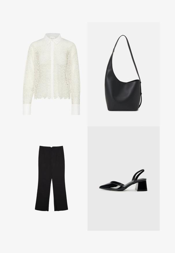 Blusa bianca in pizzo floreale con maniche lunghe, collare e chiusura a bottoni. Presenta un orlo scallopato e polsini bianchi a contrasto.; Pantaloni neri a gamba dritta, con tasche frontali e spacchi laterali all'orlo. Realizzati in tessuto morbido e liscio. Adatti a diverse occasioni.; Décolleté in vernice nera con punta affusolata e tacco in geometria cubica. Presentano un design elegante e minimalista, con una texture liscia.; Borsa hobo nera in pelle con una superficie liscia, forma curvata e una singola tracolla regolabile; presenta un'ampia apertura nella parte superiore.