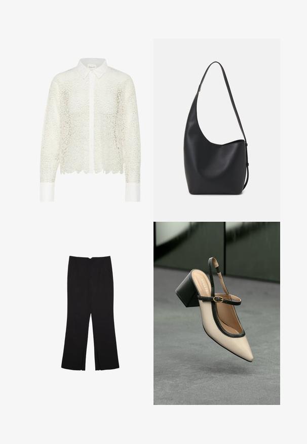 White, floral lace blouse with long sleeves, a collared neckline, and button closure. Features a scalloped hem and contrasting white cuff.; Black trousers with a straight fit, featuring front pockets and side slits at the hem. Made of soft, smooth fabric. Suitable for various occasions.; Beige pointed-toe slingback shoe with black trim, gold buckle, and a chunky block heel on gray floor with dark green background.; Black leather hobo bag with a smooth texture, curved shape, and single adjustable strap; features a wide opening at the top.