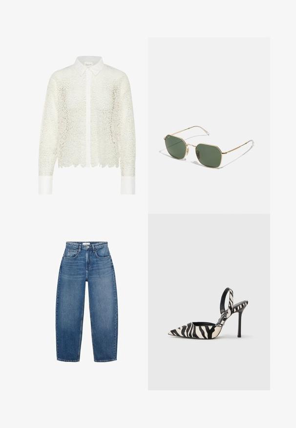 White, floral lace blouse with long sleeves, a collared neckline, and button closure. Features a scalloped hem and contrasting white cuff.; High-waisted blue denim jeans with a straight leg design, featuring five pockets, belt loops, and subtle fading for added texture.; Pointed-toe slingback heel in black and cream zebra print, featuring a slim high heel and open back design with a black interior.; Gold-framed sunglasses with green lenses, featuring an octagonal shape, thin temples, and transparent tips. Minimalist design and hardware accents.