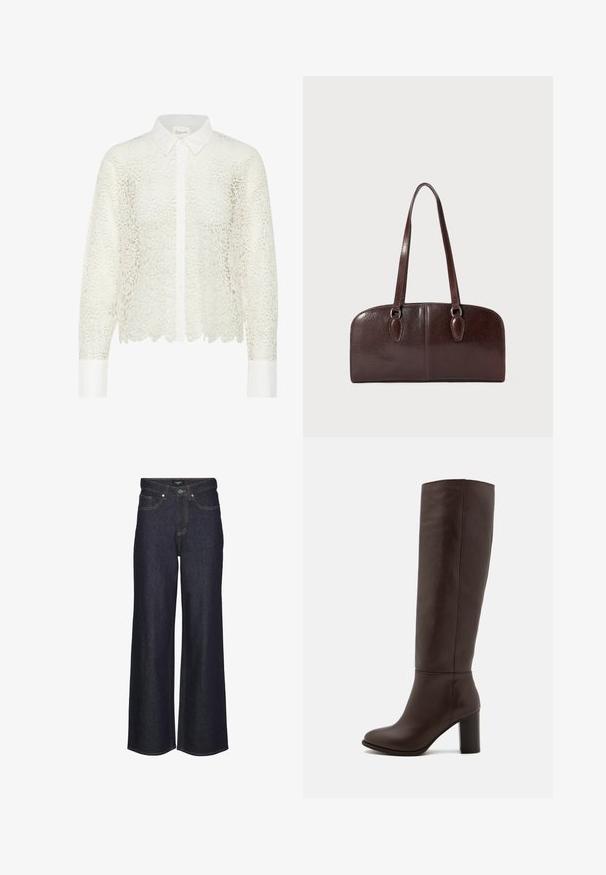 Weißes, florales Spitzenblusenoberteil mit langen Ärmeln, einem kragenförmigen Halsausschnitt und Knopfverschluss. Verfügt über einen gewellten Saum und kontrastierende weiße Bündchen.; Hoch taillierte weite Jeans in dunklem Denim. Mit klassischem Steppdesign, fünf Taschen und einem Knopfverschluss vorne.; Braune Lederstiefel bis zum Knie mit Blockabsatz, glatter Textur, runder Spitze und minimalen Nahtdetails.; Braune Ledertasche mit zwei langen Tragegriffen, einer strukturierten rechteckigen Form, glatter Textur und abgerundeten Kanten. Besitzt Akzentdetails an den Griffen.