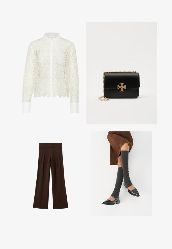 Bijela bluzica od čipke s cvjetnim uzorkom, dugih rukava, ovratnikom i zatvaranjem na dugmad. Ima oštrou krojenu donju ivicu i kontrastne bijele manžete.; Smeđe široke hlače s rebrastimelastičnim pojasom i vertikalnim šavovima na bijeloj pozadini.; Crne lakirane cipele s šiljastim prstima, blok-petom i remenom oko gležnja, uparene s sivim rebrastim čarapama do koljena i smešnom suknjom od antilopa.; Crna kožna torba s lančićem zlatne boje i naglaskom na logo. Ima pravokutni oblik s preklopnom pregačom. Glatka tekstura.