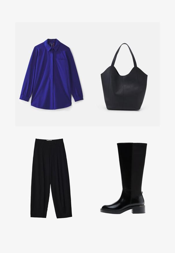Košile s dlouhým rukávem v královsky modré barvě, s klasickým límečkem, jednou náprsní kapsou a elastickými manžetami, vyrobená z lehkého materiálu.; Černé široké kalhoty vyrobené z lehké tkaniny, s předními sklady, klasickým pasem a bočními kapsami. Hladký povrch.; Černá kozačka ke kolenu z hladké kůže, s výrazným prošíváním, robustním podpatkem a texturovaným zadním panelem pro větší zajímavost.; Černá taška přes rameno vyrobená z hladké kůže, s zakřiveným, otevřeným vrchem a dvěma ramenními popruhy, s minimalistickým designem.