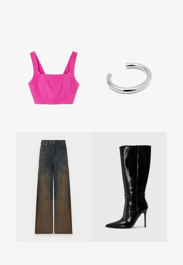 Różowy krótki stanik z szerokimi ramiączkami i teksturowanym wykończeniem, z dopasowanym gorsetem i subtelnymi detalami szwów dla podkreślenia sylwetki.; Jeansy typu wide-leg w ciemnym denimu, z gradientowym przejściem od ciemnego do jasnobrązowego, z klasycznym pięciokomorowym wzorem i metalowym zapięciem na guzik.; Czarne skórzane wysokie buty za kolano z ostro zakończonym noskiem i wysokim obcasem w kształcie szpilki. Gładka tekstura i smukły design, z minimalnymi detalami.; Srebrna bransoletka na nadgarstek o gładkim, zaokrąglonym kształcie. Posiada bezszwowe, wypolerowane wykończenie z otwartym końcem dla łatwego zakupu.