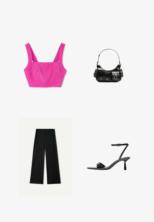 Růžový zkrácený bralet s širokými ramínky a texturovaným povrchem, s přiléhavým korzetem a jemným švem pro zvýraznění tvaru.; Bershka WIDE - Kalhoty - black; Bershka Sandály na vysokém podpatku - black; Černá lakovaná kožená kabelka s křivkovým tvarem, jedním ramenním popruhem, předními kapsami a stříbrnými kovovými detaily.