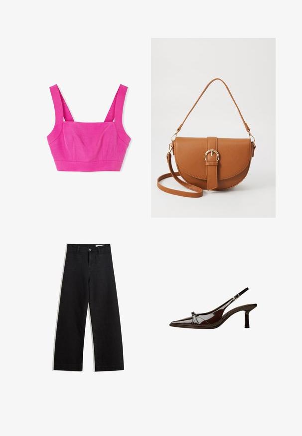 Roze cropped bralette met brede banden en een gestructureerde afwerking, met een aansluitende bustier en subtiele naaddetails voor een mooie vorm.; Zwarte denim broek met wijde pijpen en een hoge taille, voorzien van voor- en achterzakken, gestikte naden en een knoopsluiting. Gladde textuur.; Bruine gepatineerde leren slingback schoen met een spitse neus, lage hak en een decoratieve strikaccent aan de voorkant. Glad, glanzend oppervlak.; Bruine leren schoudertas met een gebogen vorm, gouden hardware en een gespaccent. Bevat een afneembare schouderriem.