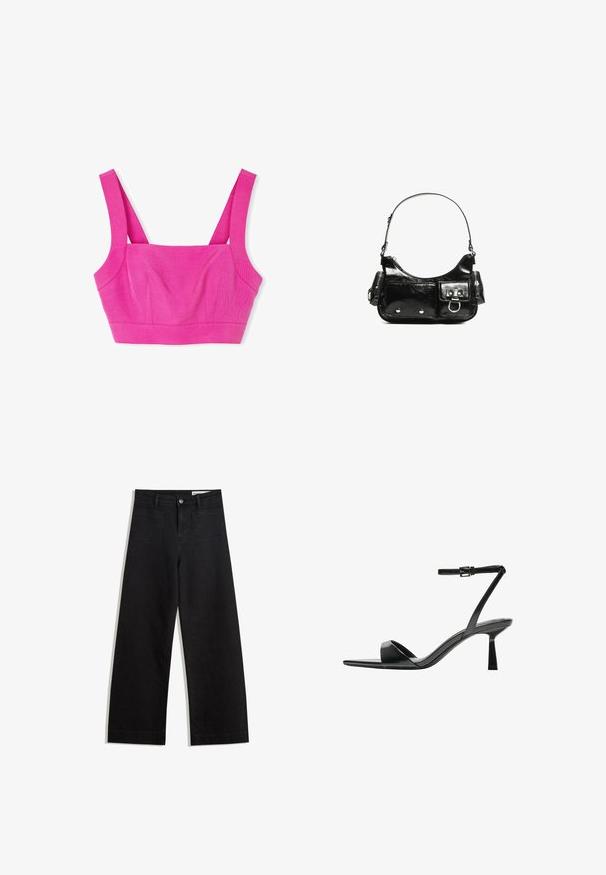 Rosa, verkürztes Bralette mit breiten Trägern und strukturiertem Finish, einem taillierten Oberteil und dezenten Nahtdetails für eine angepasste Form.; Schwarze weit geschnittene Jeans mit hoher Taille, ausgestattet mit Vorder- und Hintertaschen, gesteppten Nähten und einem Knopfverschluss. Glatte Textur.; Bershka High Heel Sandalette - black; Schwarze Lackleder-Handtasche mit geschwungenem Design, einem Schulterriemen, Vordertaschen und silberfarbenen Hardware-Akzenten.
