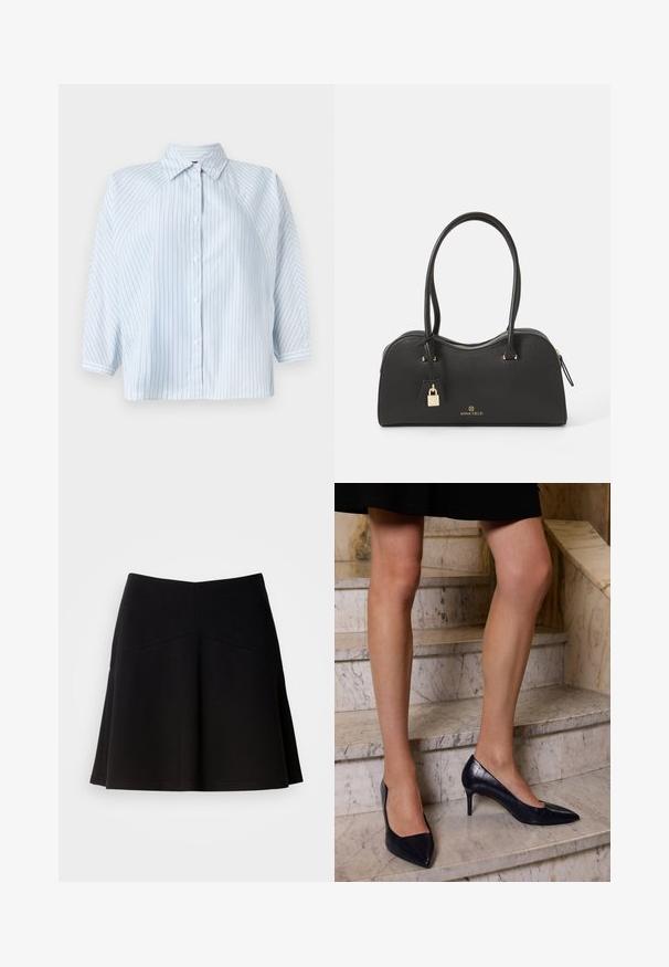 Valkoinenvihreä raidallinen nappikauluspaita, jossa on kaulus, 3/4 hihat ja lyhennetty helma. Valmistettu sileästä kankasta, jossa on normaali istuvuus.; Mustassa leveässä hameessa on pehmeä kangas, jossa on muotoiltu vyötärö ja sauman yksityiskohtia. Sileä rakenne yksinkertaisella, klassisella muotoilulla.; Sotilas siniset korkokengät, joissa on terävä kärki, ja jotka on viimeistelty sileällä ja teksturoidulla pinnalla, joka muistuttaa krokotiilinnahkaa.; Musta käsilaukku, joka on valmistettu pörröisestä tekokuidusta, jossa on kaareva muotoilu, kultaiset yksityiskohdat, kaksi kahvaa ja irrotettava lukko koristeena.; Hopeakuulet, joissa on sileä ja kiillotettu pinta. Muotoilu sisältää pisaramaisen muodon, jossa on toisiinsa liittyviä osia.