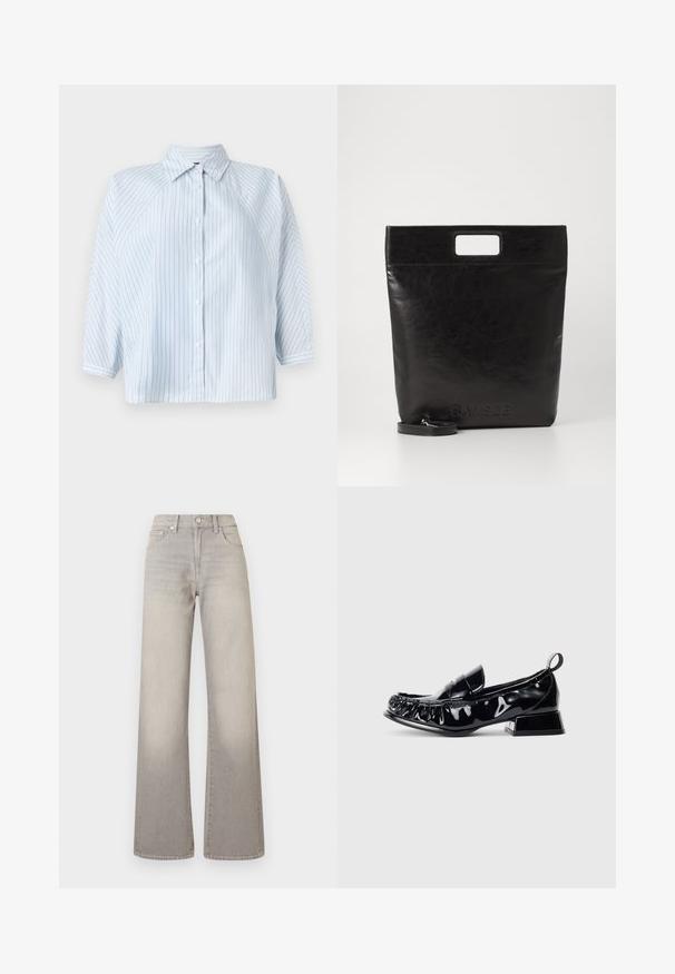 Šviesiai mėlynas dryžuotas marškinėlis su apykakle, 3/4 ilgio rankovėmis ir trumpu apačios kraštu. Pagamintas iš lygaus audinio, su įprastu pritaikymu.; Pilki plačių kojų džinsai su išblukusiu apdailos efektu, mygtukų uždarymu, penkių kišenių dizainu ir siuvinėjimu palei siūles.; Juodas patentuotas odinis loaferis su kvadratiniu priekiniu kraštu, susirinkimo detalėmis, žemu blokiniu kulnu ir užtraukiama juosta gale, ant baltos fono.; Juoda odinė rankinė su kvadratiniu rankenu, su tekstūruotu paviršiumi ir įspaustu logotipu. Įeina nusiimama diržas.
