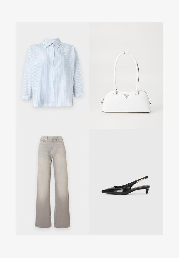 Lichtblauw gestreept overhemd met knopen, voorzien van een kraag, 3/4 mouwen en een cropped zoom. Gemaakt van zachte stof met een reguliere pasvorm.; Grijze wijde jeans met een vervaagde afwerking, knoopsluiting, vijfzakkenontwerp en gestikte details langs de naden.; Zwarte leren slingback hakken met een spitse neus, voorzien van een slanke hak en een goudkleurige accent op de verstelbare band. Gladde textuur.; Witte leren handtas met een gebogen vorm, voorzien van een zilveren driehoekig logo en ritssluiting. Gladde textuur en dubbele handvaten.