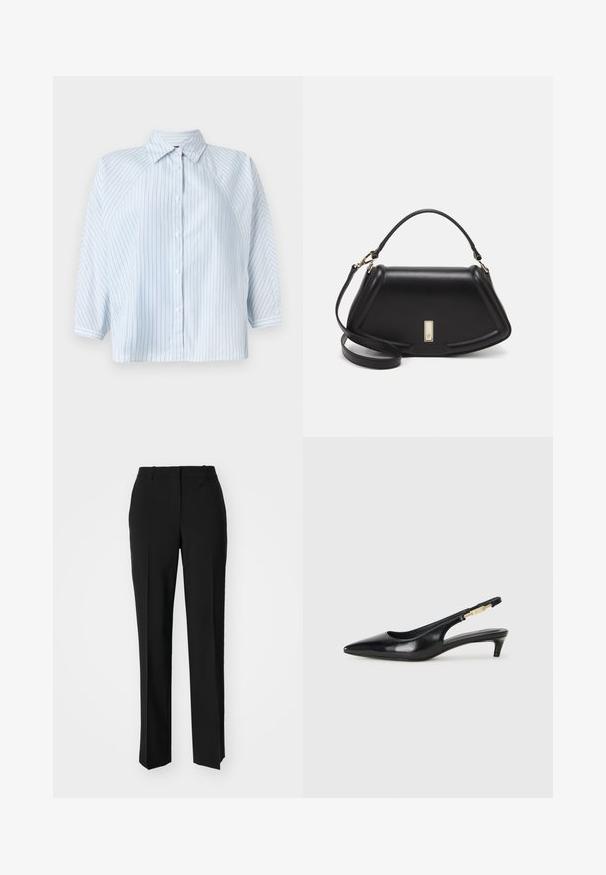 Light blue striped button-up shirt, featuring a collar, 3/4 sleeves, and a cropped hem. Made of smooth fabric with a regular fit.; Black tailored trousers with a straight-leg design, featuring a smooth texture and crisp creases along the front. No visible hardware.; Black leather slingback heels with a pointed toe, featuring a slim heel and a gold-tone accent on the adjustable strap. Smooth texture.; Black leather handbag with a structured design, featuring a cropped shape, top handle, and gold hardware accent. Adjustable shoulder strap included.