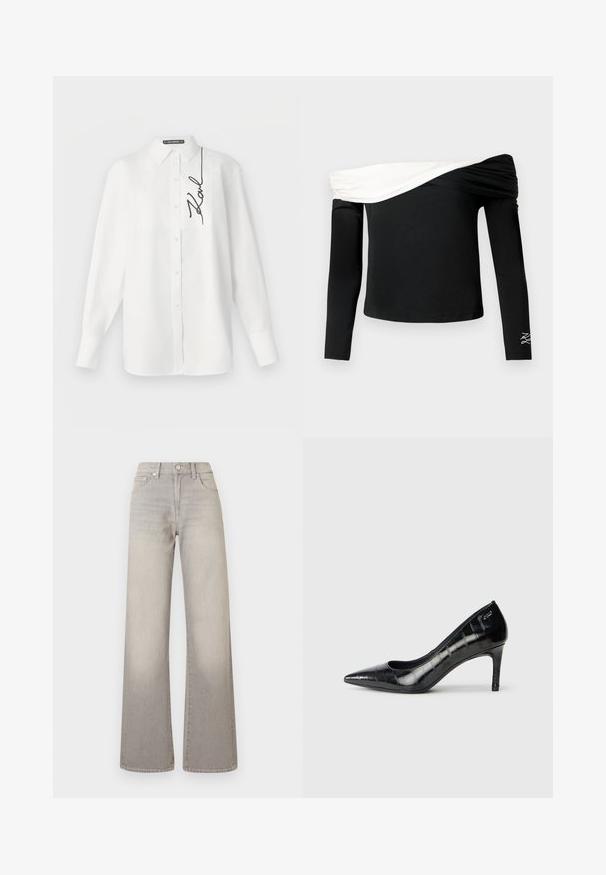 Valkoinen pitkähiha-paita, valmistettu puuvillasta. Edessä tasku ja vasemmalla puolella musta kirjailtu allekirjoitus. Klassinen kaulus ja nappikiinnitys.; Mustat pitkähihaiset olkapäät paljastava paita, jossa valkoinen taitettu laskosrakenne rinnassa ja pieni valkoinen kirjailtu kuvio vasemmassa hihassa.; Harmaat leveälahkeiset farkut, joissa on haalistunut pinta, nappisuljenta, viisi taskua ja ommeltu yksityiskohtaus saumoissa.; Mustat korkeakorkoiset kengät, joissa on terävä kärki, kiiltävä pinta ja hienovarainen tekstuurikuosi. Kengissä on kohtuullinen korko ja avara kaulus.