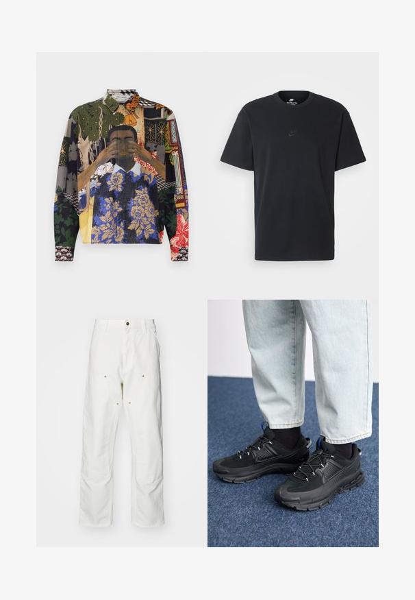 Cămașă cu butoni multicolor, care prezintă un colaj de modele, inclusiv motive florale, geometrice și ilustrații, pe un material texturat.; Tricou din bumbac negru Nike, cu guler rotund clasic, mâneci scurte și un logo subtil embosat pe piept. Textură netedă.; Pantaloni cargo din bumbac alb, cu o croială lejeră. Caracteristicile includ buzunare frontale, accesorii din metal aurit și secțiuni întărite la genunchi.; Pantofi sport negri, cu țesătură texturată și tălpi din cauciuc, având șireturi elastice și un accent albastru pe toc. Purtați cu pantaloni din denim deschis.