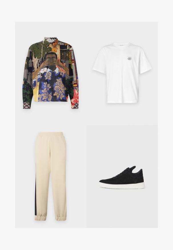 Cămașă cu butoni multicolor, care prezintă un colaj de modele, inclusiv motive florale, geometrice și ilustrații, pe un material texturat.; Tricou alb din bumbac, cu mâneci scurte, guler rotund și un mic logo gri în zona stângă a pieptului. Textură netedă.; Pantaloni de trening crem cu dungi negre pe laturi, talie elastică și manșete ribbate. Material moale cu un croi lejer.; Sneakers negre din suede cu o talpă din cauciuc albă, prezentând cusături tonale și un design cu șireturi. Textură netedă cu o formă modernă și aerodinamică.