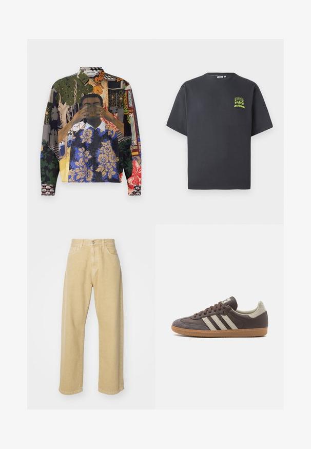Camicia a maniche lunghe di colori vari, caratterizzata da un collage di motivi, tra cui fiori, forme geometriche e motivi illustrati su un tessuto texturizzato.; T-shirt Adidas di colore grigio carbone con maniche corte e una piccola grafica neon verde di altoparlanti, sole e logo Adidas sul lato sinistro del petto.; Pantaloni in denim beige con un design a gamba dritta, dotati di cinque tasche, chiusura con bottone e finitura pulita all'orlo. Texture morbida.; Sneaker in pelle marrone con tre strisce chiare, suola in gomma, punta arrotondata e dettagli in suede texture sul tallone e sulla punta.