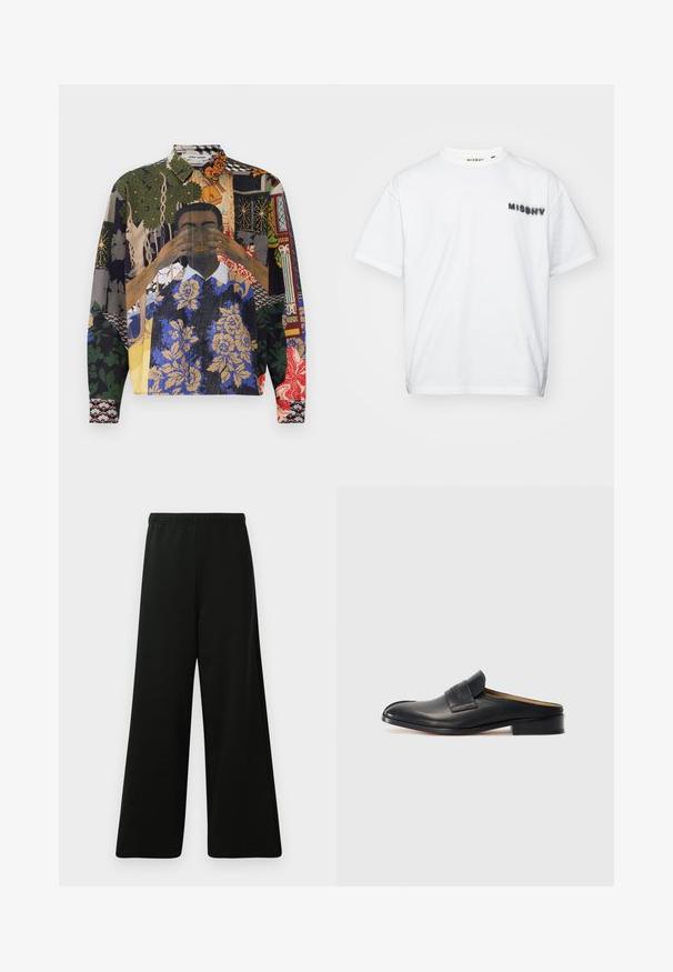 Daugiaspalvė marškinėlių palaidinė su užsegimu, kuri pasižymi įvairių raštų koliažu, įskaitant gėlių, geometrinius ir iliustruotus motyvus ant tekstūruoto audinio.; MISBHV COMMUNITY - Marškinėliai su spaudiniu - white; Juodos plačios kelnės pagamintos iš minkštos medžiagos. Savybės: elastinga juosmens dalis, lygi tekstūra ir paprastas, modernus dizainas be raštų.; Juodos odinės slip-on tipo bateliai su apvaliu nosiu, žemu blokiniu kulnu ir priekiniais dirželiais. Lygus paviršius su subtiliu logotipo akcentu ant dirželio.