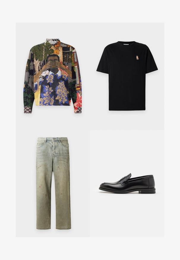 Koszula na guziki w wielu kolorach, z kolażem wzorów, w tym motywów kwiatowych, geometrycznych oraz ilustracyjnych na teksturowanej tkaninie.; Czarny, krótki rękaw, koszulka z okrągłym dekoltem z małym, haftowanym pomarańczowym logo lisa po lewej stronie klatki piersiowej.; Zniszczone dżinsy w jasnym zielonym kolorze, z prostymi nogawkami, pięcioma kieszeniami oraz nierównomiernym blaknięciem i plamami farby.; Czarne skórzane mokasyny o gładkiej fakturze, zaokrąglonym nosku i dekoracyjnym pasku na przodzie. Niski, warstwowy obcas, minimalistyczny design.