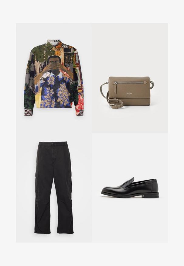 Camicia a maniche lunghe di colori vari, caratterizzata da un collage di motivi, tra cui fiori, forme geometriche e motivi illustrati su un tessuto texturizzato.; Pantaloni cargo neri con design a gamba dritta, dotati di due tasche laterali, chiusura con bottone e un tessuto testurizzato.; Mocassini neri in pelle con una texture liscia, punta arrotondata e una striscia decorativa sulla tomaia. Tacco basso impilato, design minimalista.; Borsa a tracolla in pelle taupe con tasca anteriore con cerniera, tracolla regolabile, texture a granuli e logo embossato sulla parte anteriore.