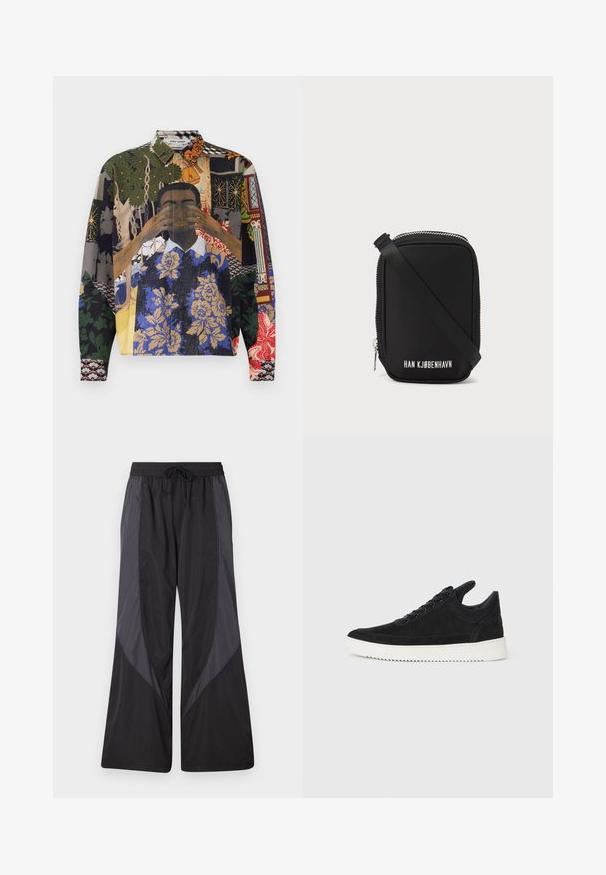 Multicolored button-up shirt featuring a collage of patterns, including floral, geometric, and illustrated motifs on a textured fabric.; Han Kjøbenhavn PANELLED TRACK TROUSERS - Tracksuit bottoms - anthracite black; Black suede sneaker with a white rubber sole, featuring tonal stitching and lace-up design. Smooth texture with a modern, streamlined shape.; Black bag with a rectangular shape, made of smooth material. Features a top zipper, adjustable strap, and white text: "HAN KJØBENHAVN."