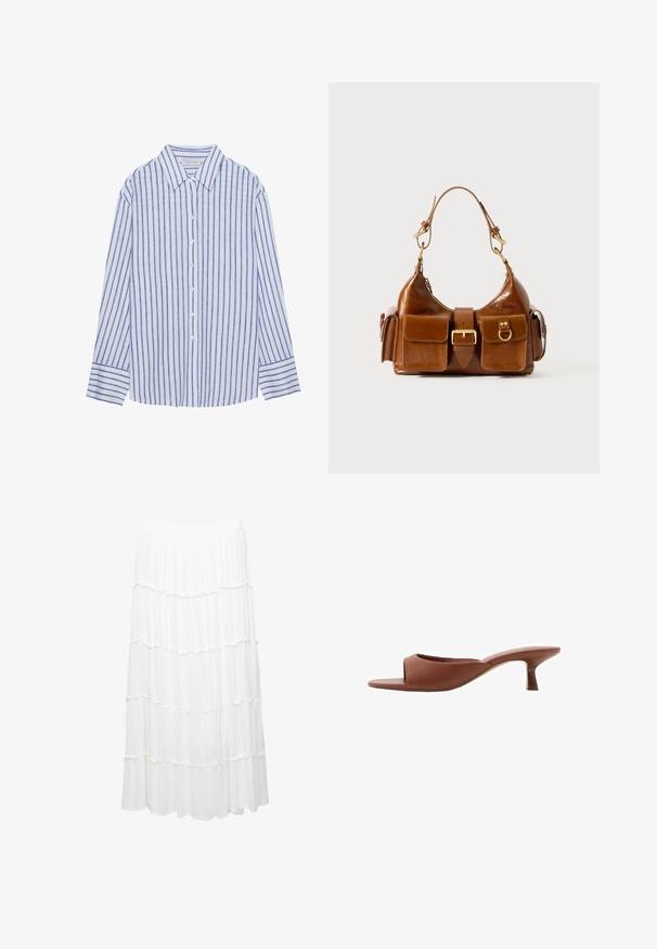 Cămașă albastră deschisă cu dungi verticale albe și albastre, având un guler clasic și mâneci lungi cu manșete butonate.; Fustă albă în straturi confecționată dintr-un material ușor, având un braț elastic, straturi volănoase și un design fluid care se extinde până la jumătatea gambei.; Mule-uri cu toc deschis, de culoare maro, cu un finisaj neted și mat, având un design curbat și un toc transparent, conic.; Geantă de mână din piele maro, cu o formă curbată, accesorii din metal auriu dual, două buzunare frontale și o curea lată. Textură netedă cu un finisaj elegant.