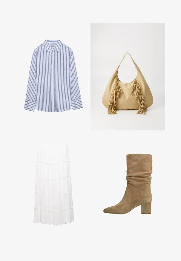 Light blue button-up shirt with vertical white and blue stripes, featuring a classic collar and long sleeves with buttoned cuffs.; White tiered skirt made of lightweight fabric, featuring a stretchy waistband, ruffled layers, and a flowing design that extends to mid-calf.; Taupe suede ankle boot with a slouchy design, pointed toe, and a block heel. Smooth texture with seam detailing along the sides.; Tan suede shoulder bag with a large opening and long fringe accents on both sides, featuring a smooth texture and a single handle.