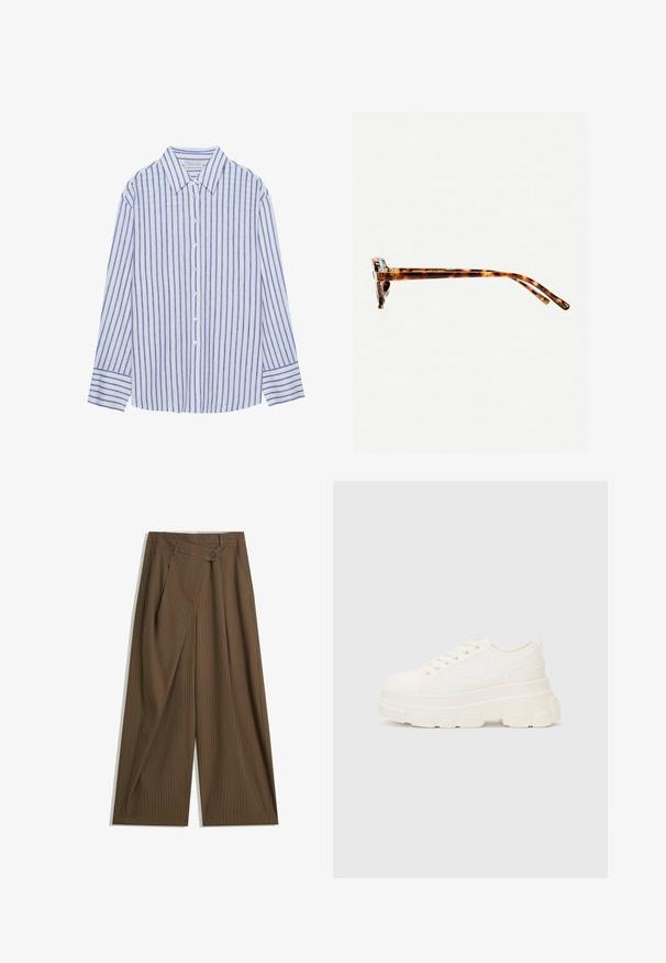 Camicia azzurra chiara con righe verticali bianche e blu, dotata di colletto classico e maniche lunghe con polsini bottonati.; Pantaloni larghi marroni con sottili righe bianche, vita alta, chiusura frontale con bottone e pannello sovrapposto in stile avvolgente.; Sneaker bianca in tela con suola spessa, punta arrotondata e cinque occhielli per i lacci. Linguetta sul retro per una facile calzata. Texture liscia, design minimalista.; Occhiali da sole tartarugati con una montatura spessa, tempie leggermente curve e superficie liscia. Presentano un design classico con una finitura lucida.