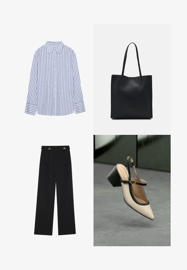 Gaiši zila pogājamā krekla ar vertikālām baltām un zilu svītrām, ar klasisku apkakli un garām piedurknēm ar pogājamām aprocēm.; Melnas platās bikses ar augstu jostasvietu, pogu detaļām uz jostas un priekšējām krokām.; Beige smailā purngalā siksnu kurpe ar melnu akcentu, zelta sprādzi un masīvu bloku papēdi uz pelēka grīdas ar tumši zaļu fonu.; Melnas ādas somiņa ar gludu tekstūru, taisnstūra formu un divām garām rokturiem. Nav redzamu aparatūras vai rotājumu.