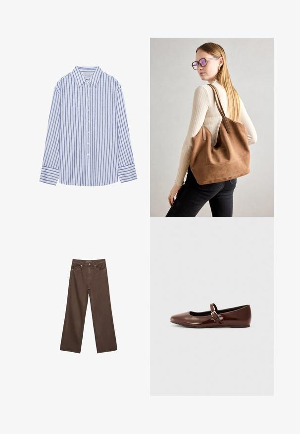 Svetlo modra srajca s gumbom in navpičnimi belimi in modrimi črtami, ki ima klasičen ovratnik in dolge rokave z gumbnimi manšetami.; Široke rjave kavbojke iz denima, ki imajo visok pas, sprednje žepe in klasično zapiranje na gumb. Gladka tekstura s subtilnim šivom.; Rjavi lakasti baletni čevelj z kvadratnimi prsti in trakcem, ki vsebuje majhen zlat zaponko. Gladka tekstura, nizka petka in minimalističen dizajn.; Rjava semišna torba z mehko teksturo, velikim odprtjem in dolgimi ročaji. Ima preprost dizajn z vidnim šivanjem in brez okovja.