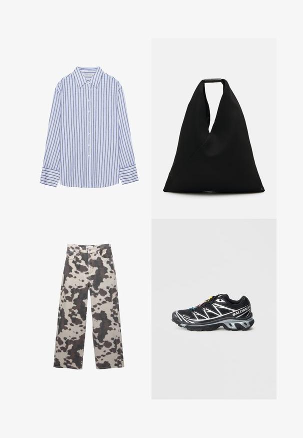 Helles blaues Hemd mit vertikalen weißen und blauen Streifen, ausgestattet mit einem klassischen Kragen und langen Ärmel mit geknöpften Manschetten.; Beigeweite-Leg-Jeans mit einem braunen Kuhfleckenmuster. Mit Knopfverschluss und fünf Taschen. Aus Denim-Stoff gefertigt.; Schwarzer Laufschuh mit silbernen Akzenten, GORE-TEX-Material, strukturiertem Sohlenprofil und bunten Schnürsenkeln. Verfügt über eine gepolsterte Ferse für zusätzlichen Halt.; Schwarze Stofftragetasche mit einem einzigartigen V-förmigen Design und glatter Textur. Verfügt über einen kurzen Griff mit minimalistischem Hardware-Detail.