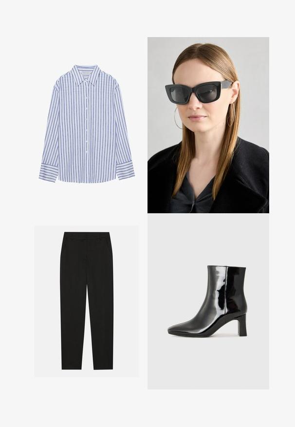 Helles blaues Hemd mit vertikalen weißen und blauen Streifen, ausgestattet mit einem klassischen Kragen und langen Ärmel mit geknöpften Manschetten.; Schwarze Hosen mit taillierter Passform, ausgestattet mit seitlichen Taschen und geradem Bein. Hergestellt aus glattem, leichtem Stoff mit einem eleganten Finish.; Schwarzer Lackleder-Stiefelette mit spitzer Zehe und einem mittelhohen Blockabsatz. Glatte Textur und minimalistisches Design.; Schwarze Katzenaugen-Sonnenbrille mit dunklen Gläsern, dicken Rahmen und subtilen Akzenten. Getragen mit einem schwarzen Mantel und einem grauen Oberteil, dazu lange, glatte Haare.