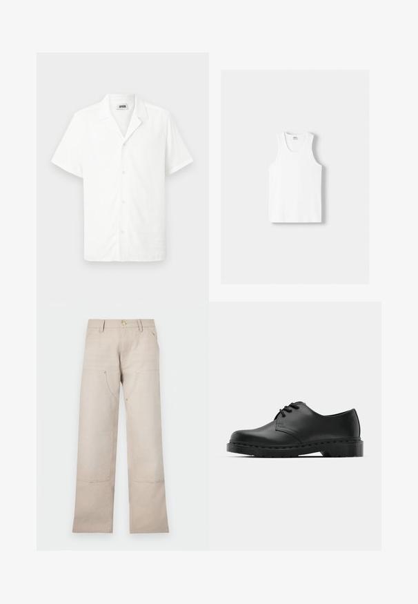 Short-sleeve white shirt made of lightweight fabric, featuring a collar and five front buttons, with a smooth texture. No patterns or accents.; White cotton tank top with a round neckline, wide shoulder straps, and a straight hem, featuring a smooth texture and no visible patterns.; Beige cotton pants with a straight-leg design, featuring two front pockets and two zippered accents. Gold-tone hardware highlights.; Black leather oxford shoe with lace-up design, rounded toe, flat rubber sole, and subtle stitching detail along the upper.