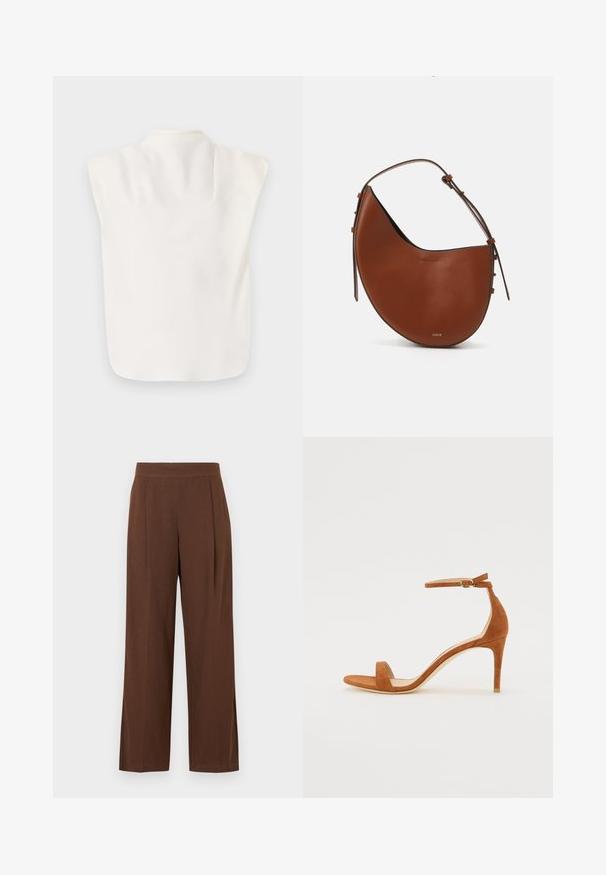 Top branco sem mangas com um decote alto e textura suave e macia. Apresenta um design assimétrico com bordas arredondadas na barra.; Calças castanhas de perna larga com textura suave, apresentando frente lisa e pregas. A cintura é elástica para maior conforto e ajuste.; Sandal de salto alto em camurça castanho, apresentando uma tira fina no tornozelo com fivela dourada, bico aberto e um design elegante e minimalista.; Bolsa de ombro em couro castanho com formato de meia-lua, alça fina castanha e discretos detalhes em hardware dourado. Apresenta uma textura suave e costura mínima.