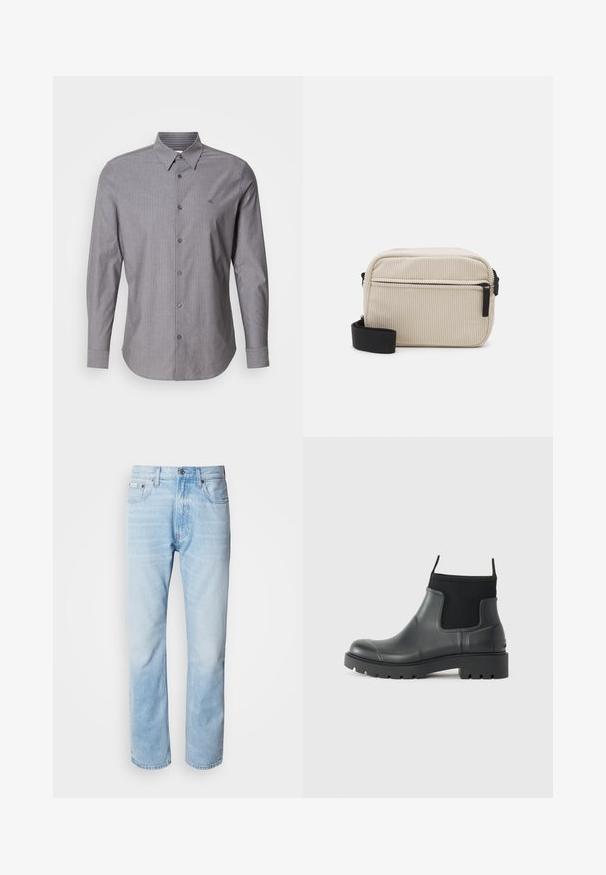 Szürke csíkos, hosszú ujjú pamut ing, gombos gallérral és logóval a bal mellen. Slim fit fazon.; Fekete polo póló sima pamutból készült. Két gombos gallérral, rövid ujjal és diszkrét logóval rendelkezik a mellkasán.; Világoskék farmernadrág egyenes fazonnal, kopott részletekkel, öt zsebes kialakítással és klasszikus gombos zipzárral.; Fekete, matt felületű, gumiból készült bokacsizmák, amelyek letisztult dizájnnal, rugalmas panelekével és vastag talppal rendelkeznek a tapadás érdekében.; Krém színű kordbársony crossbody táska fekete cipzárral, levehető vállpánttal és texturált mintával. Egy fő rekesszel és egy elülső zsebbel rendelkezik.