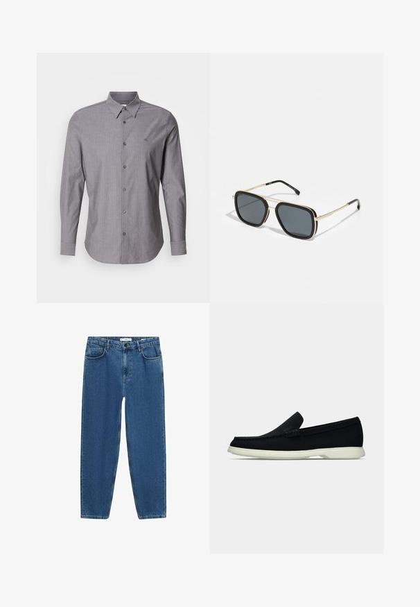 Siva prugasta košulja dugih rukava od pamuka, s ovratnikom na gumbe i logotipom na lijevoj strani grudi. Dizajn u slim fit stilu.; Svijetloplave traper hlače ravnog kroja, s klasičnim pet džepova i zatvaranjem na gumb u struku.; Crna cipelica bez vezica s zaobljenim vrhom, s teksturiranim gornjim dijelom, glatkim bijelim đonom i suptilnim detaljem brendiranja sa strane.; Crne i zlatne sunčane naočale s kvadratnim oblikom, metalnim okvirom, tamnosivim lećama i crnim vrhovima okvira. Imaju dizajn s dvostrukim mostom.