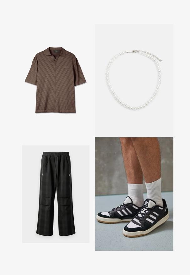 Camisa polo curta castanha com decote em V, apresentando um padrão texturizado em zigzag e um detalhe de logótipo subtil no peito.; Calças pretas em padrão xadrez com cintura elástica, dois bolsos frontais e um ajuste solto com design de perna reta. Feitas de material leve.; Ténis em preto e branco com upper em camurça e couro, apresentando três riscas brancas, um toe perfurado e uma sola em borracha de goma.; Colar de pérolas brancas com forma redonda uniforme, superfície lisa e fecho metálico com corrente de extensão para ajuste de comprimento.