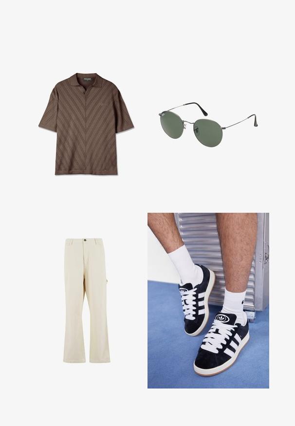 Hnedá polokošeľa s krátkym rukávom a výstrihom do V, s textúrovaným vzorom v zigzag a jemným logom na hrudi.; Béžové nohavice s širokým strihom vyrobené z látky s prímesou bavlny s uzáverom na gombík. Obsahujú bočné vrecká a majú jemnú textúru. Viditeľné švy.; Čierne semišové tenisky s bielymi šnúrkami a tromi bielymi pruhmi. Obsahujú kruhové čierne logo na jazyku a gumovú podrážku.; Sunglass s metalovým rámom s oválnymi zelenými šošovkami. Tenký strieborný kovový rám a čierne štuple za uši. Minimalistický dizajn, bez viditeľných log.