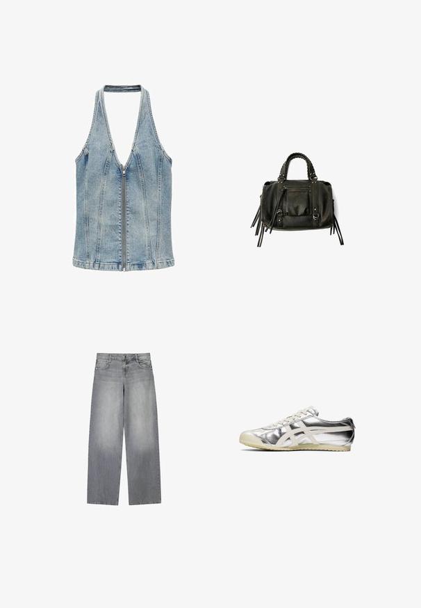 Mango Blůza - blue; Široké šedé džíny z denimu s mírně vybledlým vzhledem, obsahující pět kapes, přední zapínání na knoflík a poutka na opasek.; Stříbrná metalická teniska s bílými akcenty a šňůrkami. Disponuje texturovaným povrchem, zaoblenou špičkou a gumovou podrážkou s vzorem pro lepší přilnavost.; Černá kožená kabelka s pletenými rukojetmi, kapsou na zip a visícími třásněmi. Texturovaný povrch s kovovými hroty a kovovými akcenty.