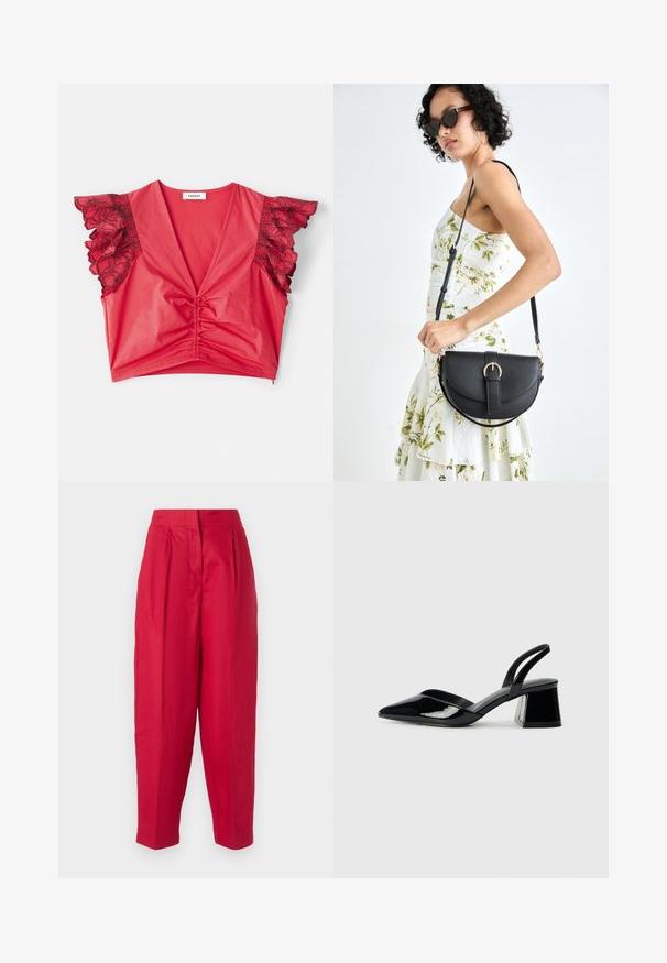 Rød crop top med dyp V-hals, samlet midtdel og korte volangermer med svarte blonder av blomsterdesign. Glatt stofftekstur.; Røde linbukser med høy midje, plissert front og avsmalnende ben. Glatt tekstur og minimalistisk design, ingen synlig maskinvare eller mønstre.; Svarte patentlær slingback hæler med spiss tå og geometrisk blokk hæl. Har et stilrent, minimalistisk design og jevn tekstur.; Svart lærveske med en buet form, avtagbar stropp og gullbeslag. Vesken har et klaff med spenne-detall.