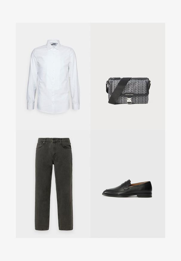 Biela košeľa s dlhými rukávmi vyrobená z bavlny. Má plisovaný predný diel, špicatý golier a klasické zapínanie na gombíky. Hladká textúra a priliehavý strih.; Čierne džínsy so rovnými nohavicami, so zapínaním na gombík a zips, prednými a zadnými vreckami, a pútkami na opasok.; Čierne kožené mokasíny s okrúhlou špičkou, jemným prešitím a nízkym podpätkom, s hladkou textúrou a minimalistickým dizajnom.; Čierna a sivá crossbody taška s geometrickým vzorom, zipsom a akcentom v striebornom tóne. Obsahuje nastaviteľný popruh.