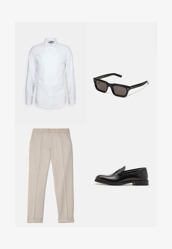 Weißes Langarmhemd aus Baumwolle. Verfügt über eine gefaltete Vorderseite, einen spitzen Kragen und klassische Knopfverschluss. Glatte Textur und taillierte Passform.; Filippa K TERRY CROPPED TROUSERS - Stoffhose - sage melange; Schwarze Lederloafers mit glatter Textur, rundem Zehenbereich und einem dekorativen Riemen über dem Vorderfuß. Niedriger, gestapelter Absatz, minimalistisches Design.; Schwarze rechteckige Sonnenbrille mit dunklen Gläsern, dickem Kunststoffrahmen, goldenen Akzenten an den Bügeln und eingraviertem Markenlogo am Arm.