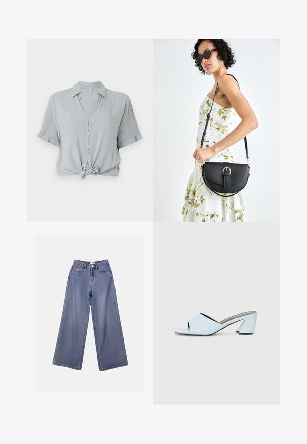 Gai pelēks, īsām piedurknēm krekls ar apkakli, priekšējiem pogām un mezglotu apakšmalu. Izgatavots no gludas, mīkstas auduma.; Platas kājas denima bikses gaiši zils mazgājumā, ar augstu jostasvietu, priekšējām kabatām un pogu aizdari ar jostas cilpiņām.; Gaiši zilas atvērtā purngala papēžu mūlas ar ģeometrisku dizainu, kas ietver platu siksnu pāri pēdai un masīvu, stūrainu papēdi.; Melnas ādas rokassoma ar izliekta formu, noņemamu siksnu un zelta aksesuāriem. Somai ir vāciņš ar sprādzes detaļu.