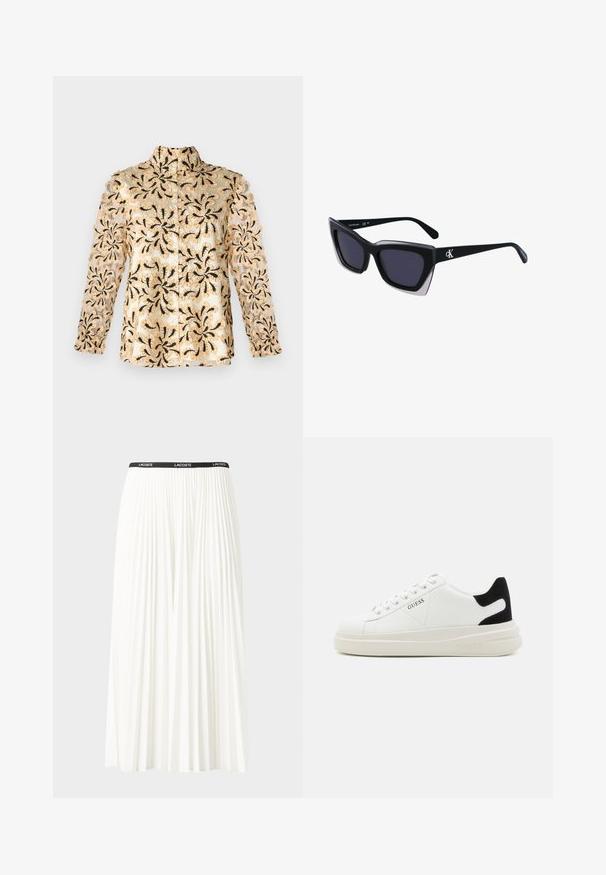 Cămașă bej cu broderie florală neagră intricate, mâneci transparente, croi drept și guler cu închidere prin butoane.; Fustă plisată albă cu un brâu elastic negru, având logo-ul "LACOSTE". Design de lungime medie, cu textură moale.; Adidași din piele albă cu o talpă groasă albă, accent de călcâi din suede negru și logo embosat pe lateral. Design cu șireturi și șase orificii.; Ochelari de soare supradimensionați, negri, cu o formă geometrică, având lentile întunecate și un detaliu gri contrastant pe ramă. Logo pe braț.; Cercei din metal argintiu cu o formă netedă, în formă de lacrimă și un finisaj lucios. Gravuri subtile adaugă detalii. Design minimalist.