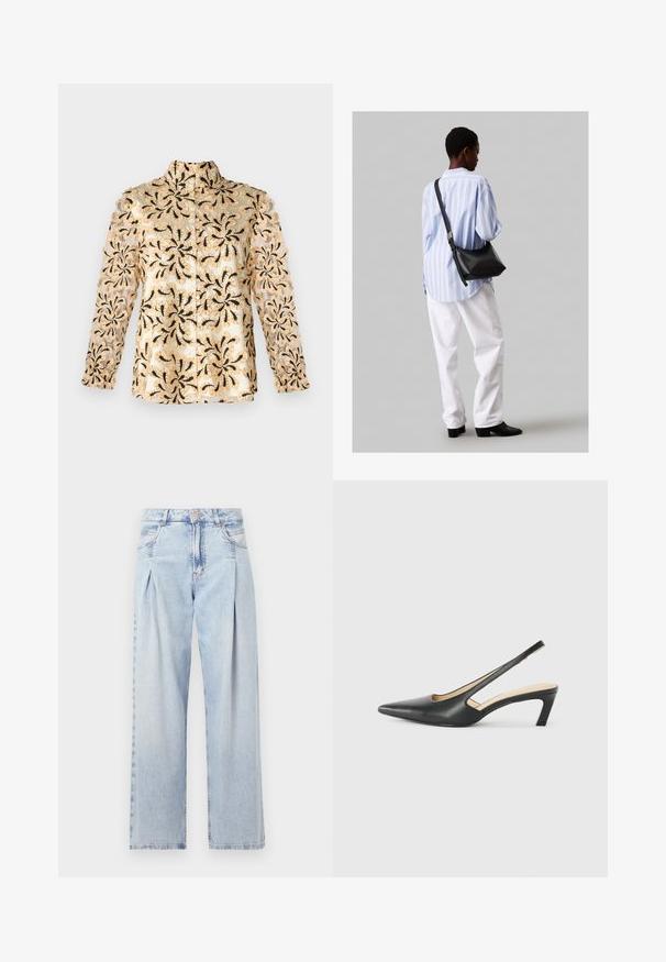 Cămașă bej cu broderie florală neagră intricate, mâneci transparente, croi drept și guler cu închidere prin butoane.; Jeans din denim albastru deschis cu talie înaltă, croială evazată, două buzunare laterale și un design pliat. Textură moale cu un finisaj decolorat.; Pantof cu toc mic, cu vârf ascuțit și slingback, realizat din piele netedă, având un design decupat pe lateral pentru respirabilitate.; Geantă de umăr din piele neagră cu o textură moale, formă triunghiulară și curea ajustabilă, asortată cu o bluză cu dungi albastre deschise și pantaloni albi.