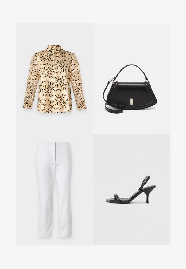 Camisa beige con intrincados bordados florales en negro, mangas transparentes, corte recto y cuello con botones.; Pantalones de algodón blancos con un diseño de pierna recta, que cuentan con una cintura de media altura y sin herrajes o patrones visibles. Textura suave en todo su recorrido.; Sandalias de tacón alto de cuero negro con un tacón delgado y curvado y un diseño de tiras cruzadas. Correa para el tobillo ajustable. Textura suave.; Bolso de mano de cuero negro con un diseño estructurado, que presenta una forma recortada, asa superior y acentos en dorado. Correa de hombro ajustable incluida.