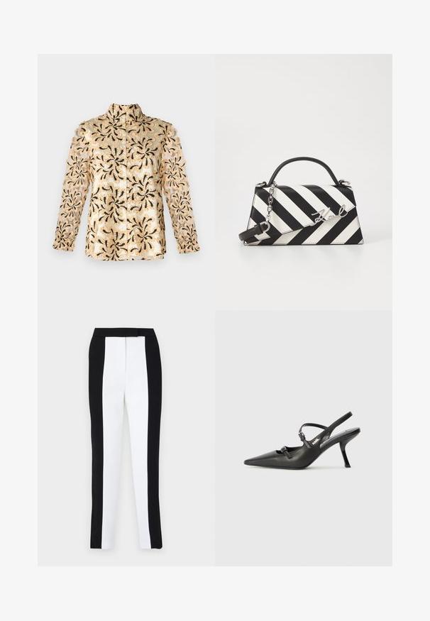 Beżowa koszula z misternym czarnym haftem kwiatowym, przezroczystymi rękawami, prostym krojem oraz kołnierzykiem z zapięciem na guziki.; Czarno-białe spodnie zwężane z dopasowanym krojem oraz kontrastowymi panelami. Tkanina ma gładką fakturę; pas jest płaski i dopasowany.; Czarne skórzane sandały na obcasie typu slingback z wydłużonym noskiem, smukłym obcasem i ozdobnym zapięciem na cholewce. Gładka tekstura i elegancka forma.; Czarna i biała torebka w paski o strukturalnym kształcie, z górnym uchwytem, odpinanym łańcuszkiem oraz metalicznym akcentem z logo.
