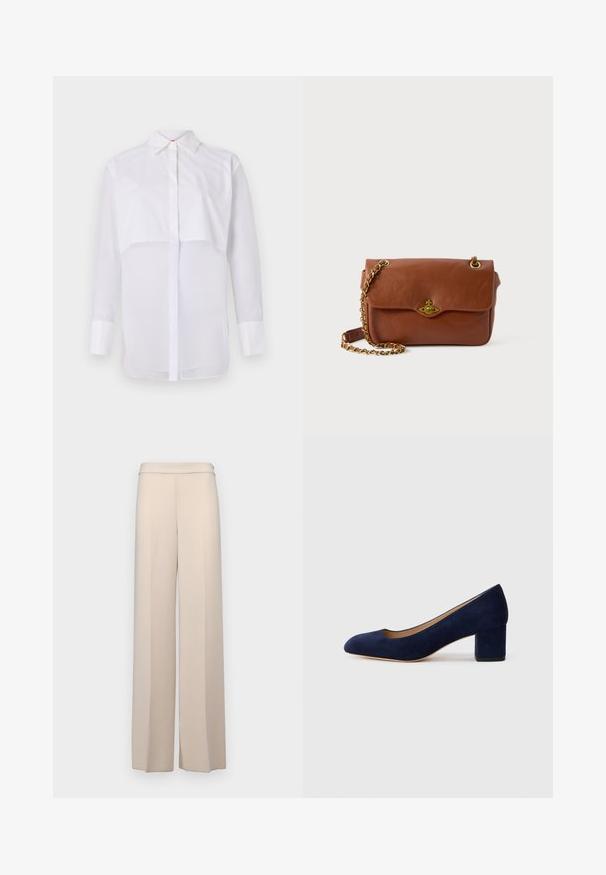Blouse blanche à manches longues en tissu léger, avec un col classique, des boutons sur le devant et un design superposé avec une partie inférieure transparente.; Pantalons larges beiges en tissu lisse, dotés d'une taille haute et de plis avant discrets. Pas de poches ni de détails en matériel visibles.; Escarpin en daim bleu marine avec un bout pointu et un talon bloc de hauteur intermédiaire. Texture lisse avec un subtil éclat et une petite découpe à l'avant.; Sac en cuir marron à bandoulière avec une fermeture à rabat, quincaillerie dorée et une anse en chaîne. Texture lisse, forme rectangulaire, détails minimalistes.