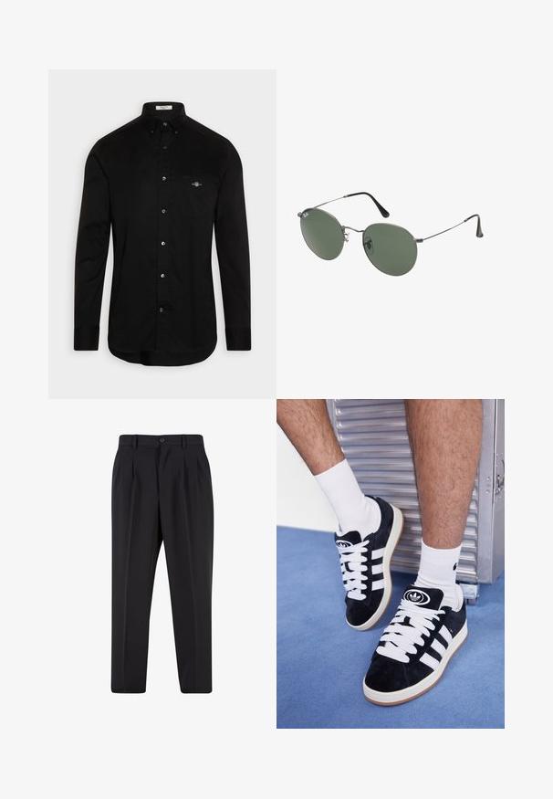 Melna pogaisa krekla, kas izgatavots no kokvilnas, ar izteiktu apakšējo apkakli, garām piedurknēm un krūšu kabatu ar nelielu krāsainu izšuvumu.; Melni brīvie bikses ar krokotu priekšpusi, izgatavotas no gludas auduma. Iespējama poga aizdare un jostas cilpas; taisnu kāju forma.; Melni zamšaini sporta apavi ar baltiem šņorēm un trim baltām svītrām. Iekļauj arī apaļu melnu logotipu uz mēles un gumijas zoli.; Metāla rāmji saulesbrillēm ar ovālām zaļām lēcām. Tievs sudraba metal rāmji un melni ausu spilventiņi. Minimalistiska dizaina, bez redzamām apzīmējumiem.